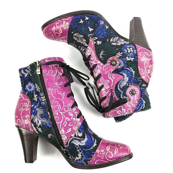 Boho Ankle Boots 42 Colorful Retro Hippie Lace Zip Up Bootie Womens Unique NEW - Picture 6 of 14